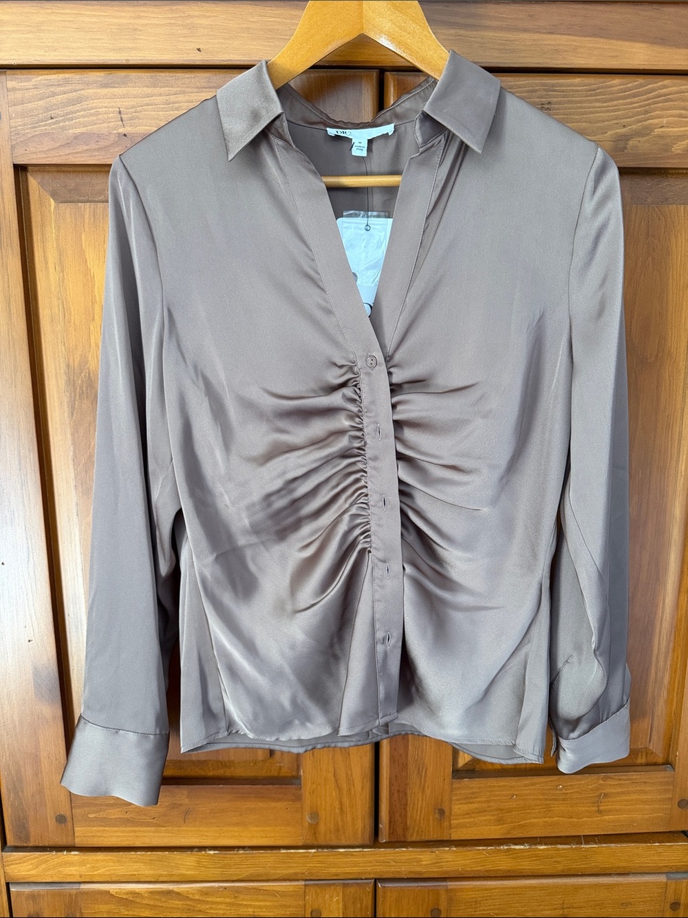 DR2 Satin Ruched Front Blouse - Taupe